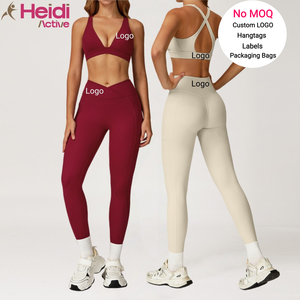 カスタマイズスポーツウェア クロスストラップ ディープVネック スポーツブラ Vウエスト スクランチバット ヨガレギンス 高弾性 ジム ワークアウト ヨガセット - Product Image 1