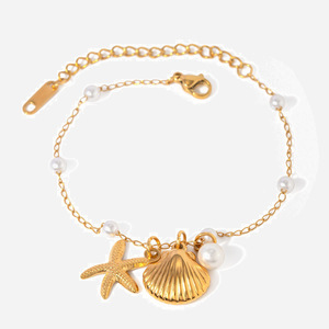 Bracelet à breloques tendance, chaîne dorée, perle, coquillage, pendentif étoile de mer, bijoux pour femmes - Product Image 1
