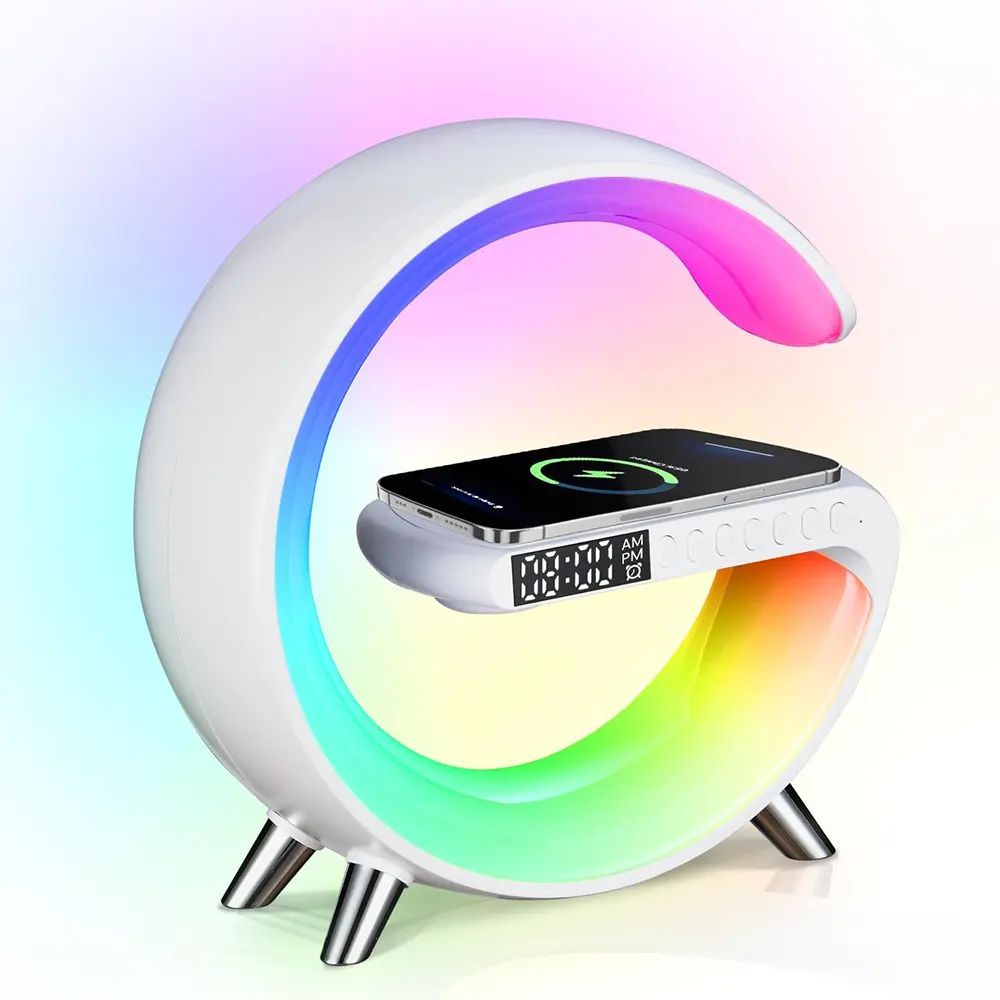 Fast 15w Multi-função 3 em 1 carregador sem fio com alto-falante despertador sem fio Desktop Charger App Control Smart Desk Lamp