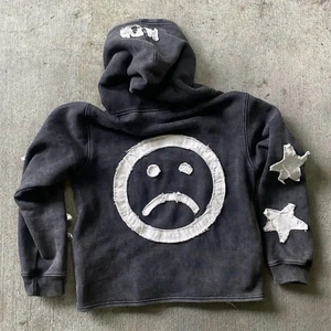 <b>Dropshipping</b> Custom high quality Men 500 Gsm Distressed Applique Patch Embroidery Acid Wash Zip up Hoodie - Product Image 2