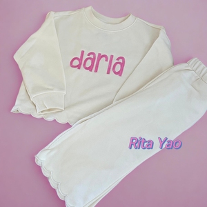 Conjunto de Sudadera Festoneada para Bebé al por Mayor, Atuendo Personalizado con Nombre Bordado y Lazo, Conjunto de Descanso para Bebé, Camisetas y Pantalones para Niña <span class=keywords><strong>2026</strong></span> - Product Image 3