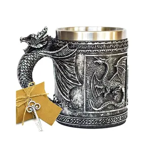 High Quality Resin Carved Dragon Water Cup Vintage Medieval Dragon Patterned Stainless Steel Wine Mug European Creative Tankard