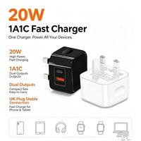 Chargeur rapide GaN PD 20W à double port, adaptateur mural avec prise UK, protection contre les surtensions OVP, certifié CE UKCA pour téléphones mobiles