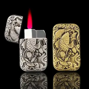 Custom Logo Lighter Vintage Refillable Butane Aerated Red Flame Zinc Alloy Metal Cigarette Lighters