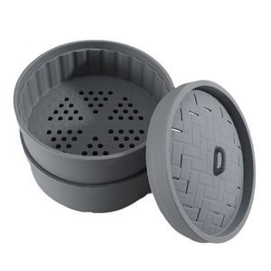 Silicone Steamer For Steamed Buns And Dumplings Round Compact With Lid Grey Color - Product Image 1