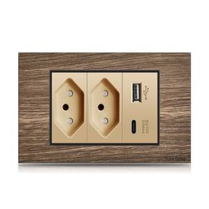 Enchufe de pared de aluminio y madera con estándar brasileño, doble USB tipo C, interruptor de luz y toma de corriente. - Product Image 6