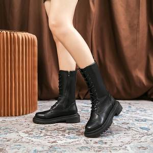 Nouveau élégant fond plat dames moto bottes <span class=keywords><strong>femme</strong></span> Style britannique bout rond à lacets côté fermeture éclair chevalier bottes pour femmes - Product Image 5