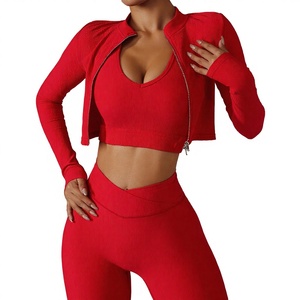 Sport Leggings Women Fitness Yoga <b>Jacket</b> with Zipper Ribbed <b>Workout</b> Crop Top Yoga Shorts Set Plaid Breathable Lightweight - Product Image 3
