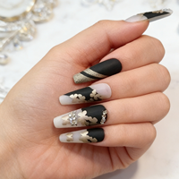 Faux ongles longs cercueil noirs et blancs à motifs floraux en ABS à presser avec colle, finition mate, paillettes et strass, luxueux et réutilisables, 24 pièces