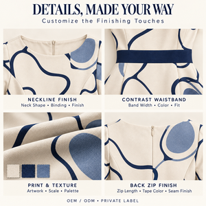Abito Midi da Donna Personalizzato OEM con Stampa Contorno in Porcellana, Bordo Zaffiro Effetto Ciottolo Disegnato <span class=keywords><strong>a</strong></span> <span class=keywords><strong>Mano</strong></span>, Esclusiva Anteprima Espositiva, Private Label - Product Image 5