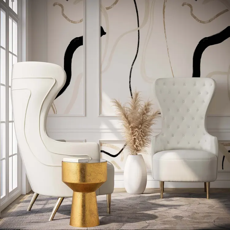 Modern Piping Designs High Back Leisure Chair Elegant Button Tufting Cream Velvet Wingback Chair For Living Room Hotel Lobby