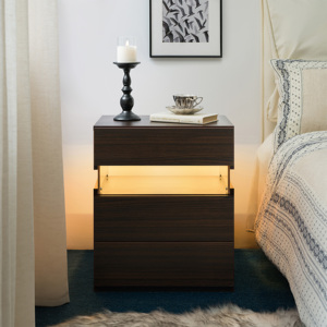 LED Nightstand 3 <b>Drawer</b> Dresser <b>Walnut</b> Bedside Table with Acrylic Board Lighting for Bedroom Storage - Product Image 1