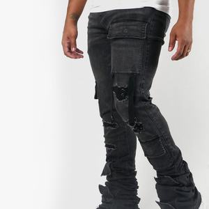 Jeans skinny empilés pour hommes, jeans cargo avec poches, jeans stretch premium délavés et usés pour hommes - Product Image 3