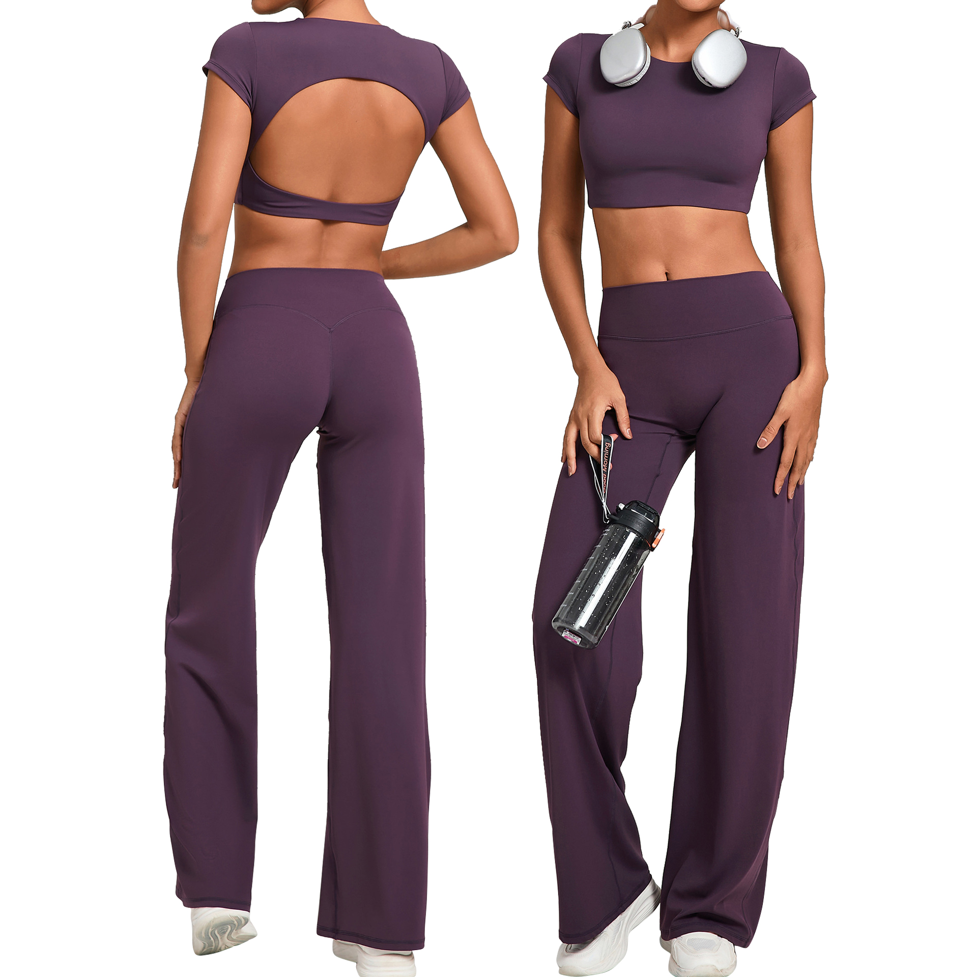 Women's Solid Backless Yoga Set-Lightweight Breathable Quick-Dry 2-Piece Fitness Wear High Waist Straight Leggings for Sports