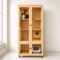 Villa pour chat en bois d'intérieur avec bac à litière, meuble pour chat à plusieurs niveaux, meuble pour chat sur roulettes
