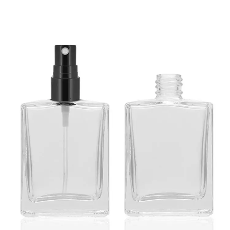 50ml Clear Flat Square Refillable Glass Perfume Spray Bottle with Aluminum Spray Pump Cap