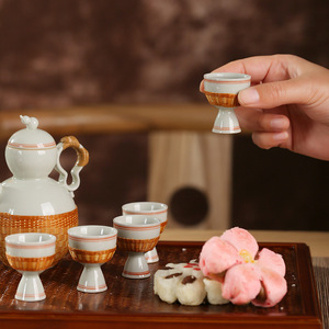 Chinese Bamboo Woven Porcelain Wine Set 6 Pieces Traditional Style Sake Pot And Cups Household Beverage Serving Set - Product Image 3