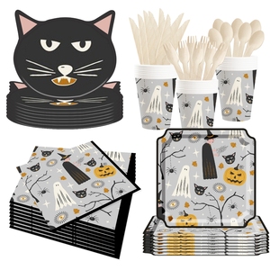 DAMAI Halloween Party Supplies Halloween Paper Plates Cups Napkins Party Disposable Tableware Set Birthday Favor for 8 Guests - Product Image 1