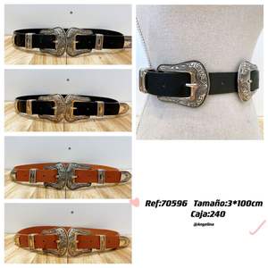 Ceinture en cuir véritable 3x100cm avec boucle argentée, style western, accessoire de mode pour hommes et femmes - Product Image 1