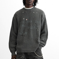 Logo brodé personnalisé Sweat-shirt surdimensionné à col ras du cou en coton épais pour hommes Pull-over en tricot déchiré hiver