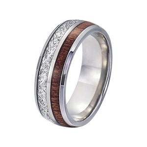 Anneau en carbure de tungstène en acier inoxydable, incrustation de météorite simulée, 8mm de dôme, Hawaii Koa <span class=keywords><strong>bois</strong></span> argent <span class=keywords><strong>Imitation</strong></span> - Product Image 1