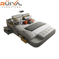 Elegante Cama Tatami Multifuncional Tamaño King/Queen con Almacenamiento Inteligente y Proyector para Dormitorio Principal en Piel Genuina para Bodas