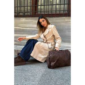 Elegante Gabardina Larga Beige con Cinturón, Cortavientos, Otoñal, para Mujer, Tejida, de Manga Larga - Product Image 3