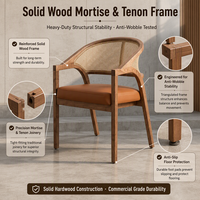 Fauteuil en rotin tressé avec dossier en bois et coussin de siège beige pour café, restaurant, hôtel, structure en bois massif