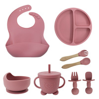 Ensemble d'alimentation pour bébé en silicone de qualité alimentaire 8 pièces, assiette divisée à ventouse, bol pour bébé, bavoir, tasse, cuillère, fourchette, ensemble de vaisselle pour enfants