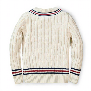 Pull en maille torsadée crème pour homme, col en V, bordure rayée, collection automne 2027 - Product Image 2
