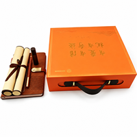Boîte cadeau rigide de luxe sur mesure, écologique, portable, avec estampage à chaud orange et poignée en PU, pour emballage de coffret cadeau d'affaires