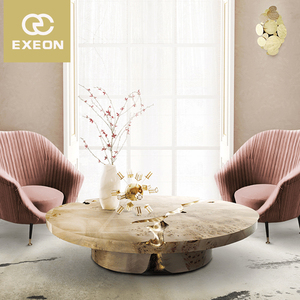 Large Round Luxury Italy Natural Stone <strong>Copper</strong> Modern Wood Designer Center Square Coffee <strong>Table</strong> - Product Image 4