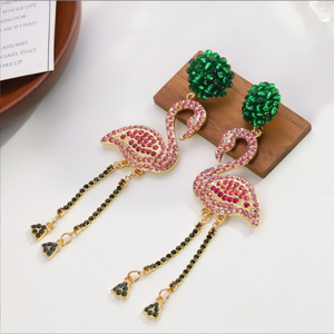 金メッキステートメントジュエリーレディースファッションフラミンゴドロップイヤリングロングタッセルピンククリスタルラインストーンダングル亜鉛合金 - Product Image 4