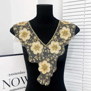 Parche de cuello de encaje floral con cuentas doradas <span class=keywords><strong>para</strong></span> vestido, apliques de escote bordados <span class=keywords><strong>para</strong></span> vestido de novia, Aso Ebi,Kaftan, decoración DIY - Product Image 1