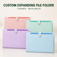Cartella Portadocumenti Espandibile A4 Personalizzabile con Logo, 5 Tasche, Organizzatore a Fisarmonica, Chiusura a Bottone, in PP Riciclabile, Colori Pastello