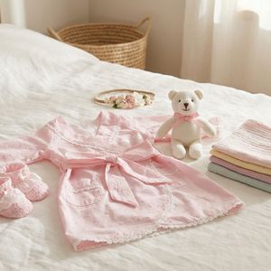 Vêtements de nuit pour bébés, robe de nuit pour bébé fille faite à la main, tissu en coton Dobby rose avec détails en dentelle et ceinture à nouer - Product Image 1