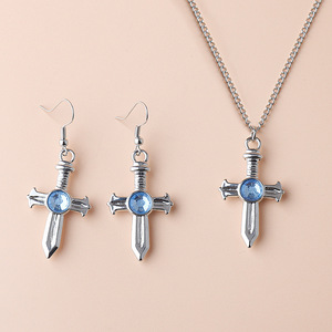 Nieuwkomers Kruis Hanger Ketting Oorbellen Set Mode Blauwe Kristallen Ketting Anime Kettingen Voor Vrouwen - Product Image 3