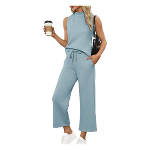 Trajes de verano de dos piezas para mujer, Tops con cuello simulado de patrón sólido con pantalones cortos de pierna ancha para viajes de vacaciones para conjuntos de salón - Product Image 1