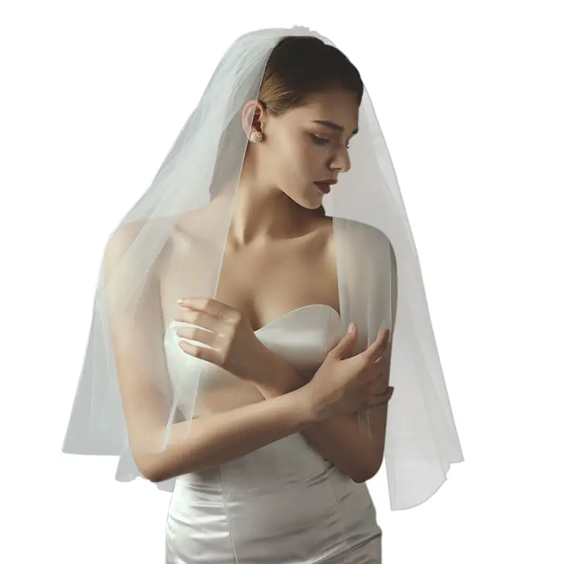V716 Elegant Bridal Wedding Short White Veil Two-Layer Plain Tulle Cut Edge Bride Shoulder Comb Veil Women Marriage Accessories