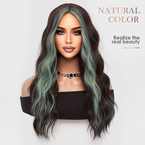 باروكة شعر طويلة سوداء بتموجات مائية مع غرة خضراء مرحة ودانتيل بني داكن، قبعة قابلة للتعديل، بدون غراء، مصنوعة من ألياف عالية الحرارة - Product Image 2