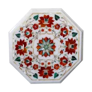Mesa Auxiliar Redonda de Mármol Blanco con Tapa de Mosaico de Piedra Semipreciosa con Diseño Floral y Escritorio para Decoración de Cafetería - Product Image 1