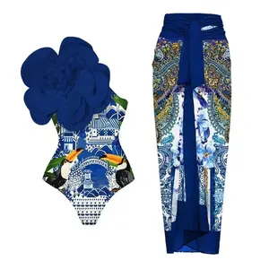 Girls Summer Beach Cover Up Single Piece Micro Monokini Sexy Swimwear Blue One-Shoulder Ruffled Print Floral Swimsuit Set