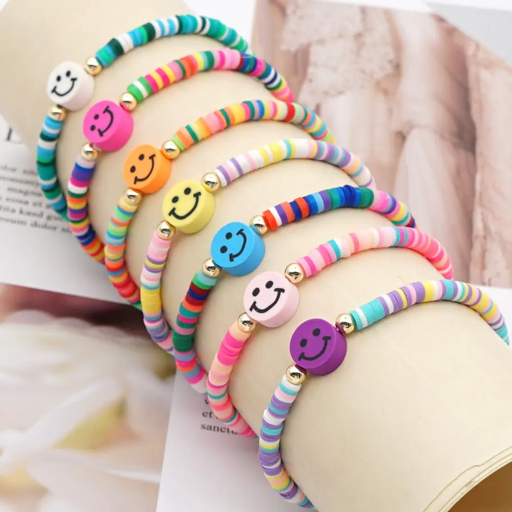 2022 New Handmade 4MM Soft Clay Beads Rainbow Friendship Bracelet Girls Smiley Face Beaded Bracelets Jewelry For Kids