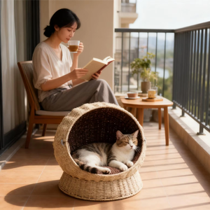 Erhöhtes Katzen- & Hundebett Umweltfreundliche Rattan-Konstruktion Langlebiges Design Weiches Komfortbett für Pelzige Haustiere - Product Image 1