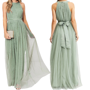 Elegant Wedding Womens Lady Quinceanera Prom Sage Green Plus Size Sleeveless Halter Neck Pleated Long Bridesmaid Empire Draped - Product Image 1