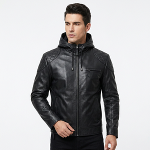 <b>Mens</b> Real <b>Black</b> Leather Hooded Jacket Quilted Shoulder Biker Motorcycle Cowhide Coat Custom Classic Winter Warm Outwear Style - Product Image 1