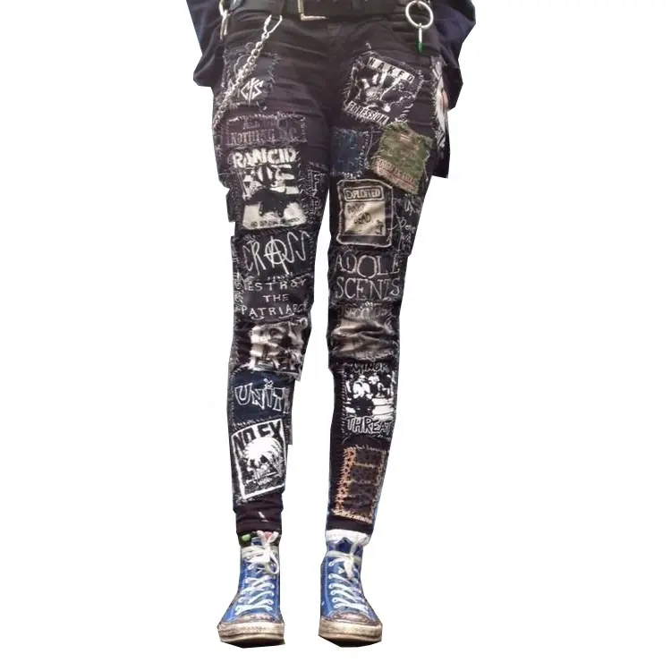 Royal wolf mens gay jeans black allover printed hip hop rap style punk jeans with chain