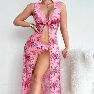 Robe de nuit longue sexy et <span class=keywords><strong>sensuelle</strong></span> pour femme, motif floral, col en V profond, dentelle, fente haute, en maille, ensemble 2 pièces très sexy - Product Image 1