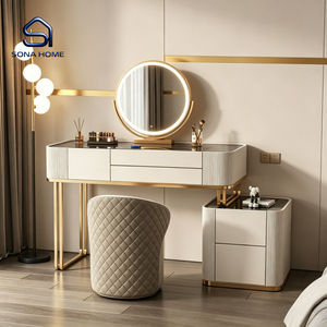 Luxury Gold Fluted Vanity <strong>Table</strong> Set with Dimmable LED Mirror and Storage Cabinet - Product Image 1