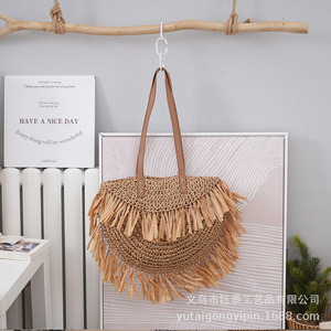 <b>Large</b> Capacity Semicircular Furry <b>Paper</b> Rope Shoulder <b>Bag</b> Fashionable Handmade Crochet Straw Woven Summer Two Straps Beach <b>Bag</b> - Product Image 4